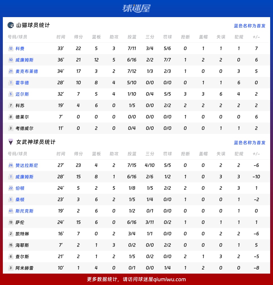 山貓vs女武神球員數據